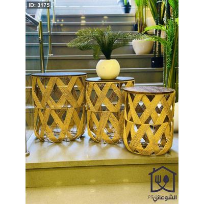 طقم سكملات اطار معدن و قش، و سطح خشب ثلاث احجام