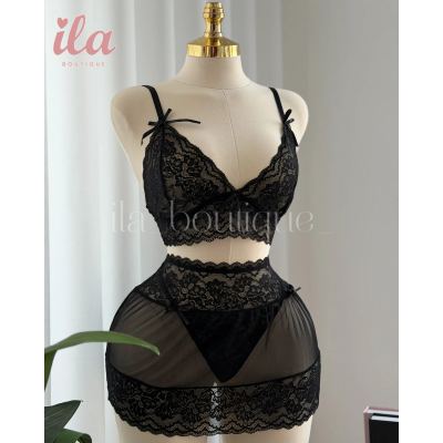 لانجري 3 قطع دانتيل اسود ( SKIRT + BRA + THONG )