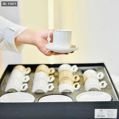 طقم فناجين قهوة 12/12 بورسلان ابيض A101 حيف ذهبي يد بيضاوي ++