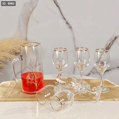 طقم/7 كوز شراب بطة + 6كاسات زجاج سادة مرسم شجرة حيف ذهبي KX7001-7 ++ج1