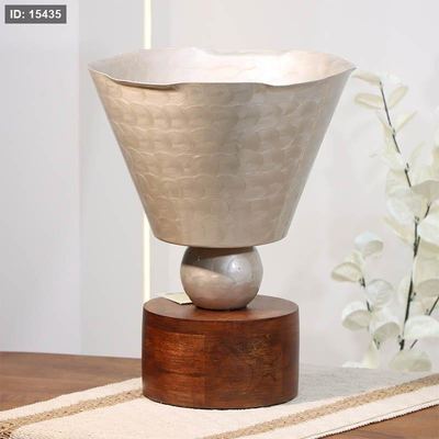 فازة تنك بيج 34سم شكل سهارة 89635S قاعده خشب بني B هندي %ه14