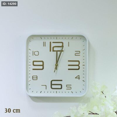ساعة حائط مربع 30سم بلاستك ابيض مكتب ارقام ذهبي EL183/2 =رم7