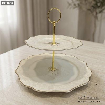 مضيفة طبقتين بورسلان بلون أبيض عاجي ملكي وزخارف ذهبية