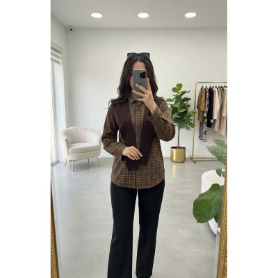 قميص مربعات مع سكارف 5702