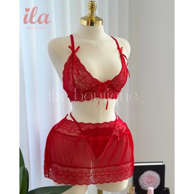 لانجري 3 قطع دانتيل احمر ( SKIRT + BRA + THONG )