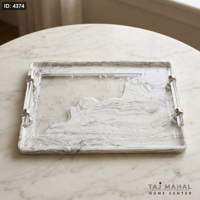 صينية تقديم مستطيلة بتصميم رخامي بلون أبيض ورمادي بيد جانبية اكريليك