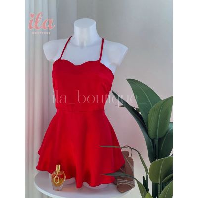 فستان ستان احمر قصير ظهر اكس ( X )