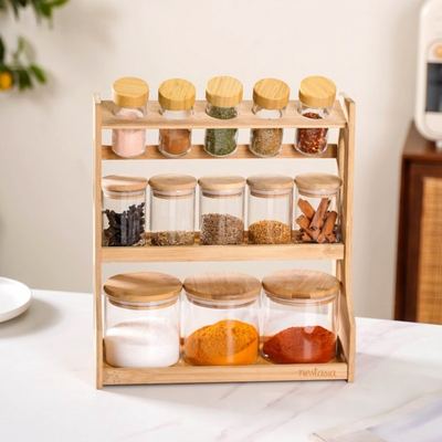 طقم ستاند بهار خشب مطربان زجاج  - مرتبان غطا بامبو 13 قطعة Canister set H3385-130