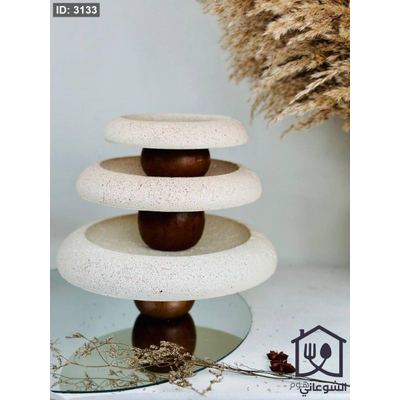 صحن ديكور ابيض قاعدة خشب ثلاث احجام