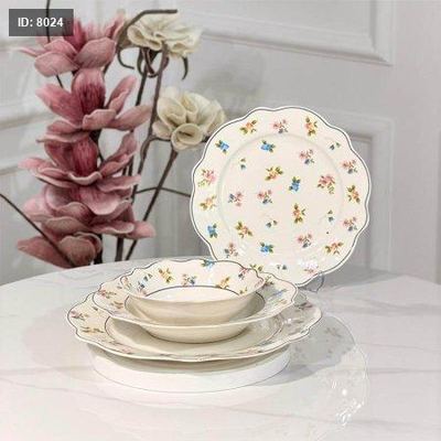 طقم صحون 24 قطعه بورسلان ابيض اطار مورد مشرف ملون JMD0563++ع 6