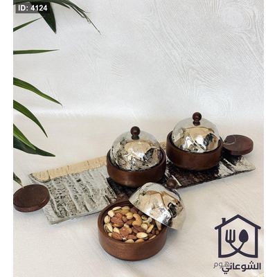 مضيفة مكسرات / مجففات 3 زبادي خشب طبيعي مع غطاء وصينية معدن سلفر مع يد خشب