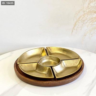 طقم/6 مضيفة خشب مدور + 5 صحون نحاس هندي 202401 %ه4