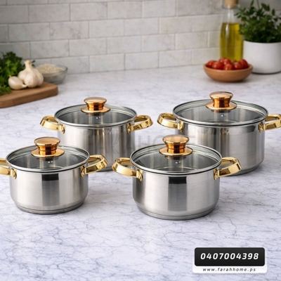 طقم طناجر ستانلس مع غطاء زجاج نمرة 4 قطع مقاس 16-18-20-24 سم Hoffavorer