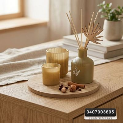 طقم معطر - فواحة عيدان + شموع + قرفة + صينيه خشب مدور سنتر بيس