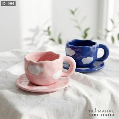 مج سيراميك مع صحن بتصميم الغيوم