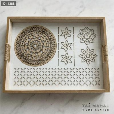 طقم صواني تقديم خشبية بنقوش CNC وقاعدة أكريليك