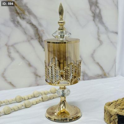 مضيفة / شمعدان عسلي معدن + زجاج 35 سم