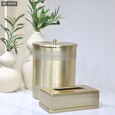 طقم سطل +بكيت محارم مدور مزخرف محزز هندي ذهبي DI-26225-14 %ه8