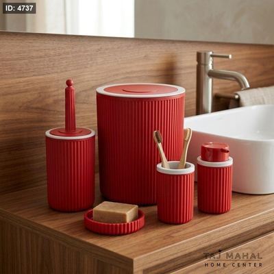 طقم حمام بلاستيك لون احمر بتصميم مضلع 5 قطع