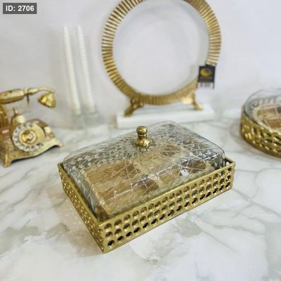 مضيفة نحاس مخرم +غطاء زجاج مستطيل
