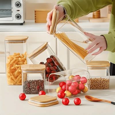 طقم مطربان مرطبان  - مرتبان اكريلك مع غطاء خشب 6 قطع