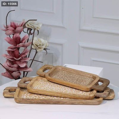 طقم صواني /3 خشب مستطيل 89712LMS وجه محفر مزخرف هندي %ه15