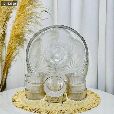 طقم/8 صينية مدور + 7زبادي زجاج محزز حيف ذهبي K54/41 =ك4