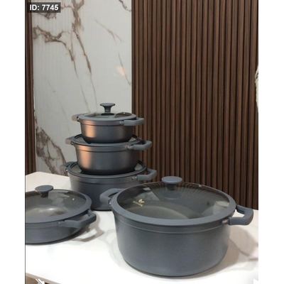 طقم طناجر بالون السكني والبني اربع طناجر 32/28/24/20 + مقلى 28 سم جرانيت سكب غطاء زجاج إطار سيليكون وايدين جلد قاعده اند