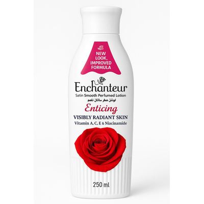 لوشن الجسم Enchanteur Enticing لوشن معطر يمنح بشرتك إشراقة واضحة بفضل تركيبته المحسنة الغنية بفيتامينات A، C، E والنياسي