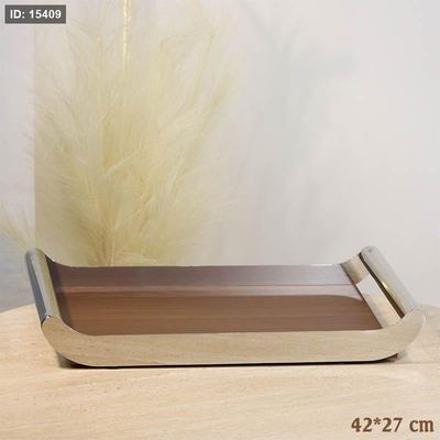 صينية ستانلس فضي 27*42سم مستطيل وجه خشب A220/1 =ع5