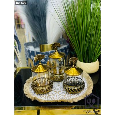 طقم مضايف زجاج غطاء برونزي يد ورقة
