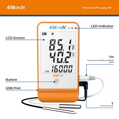 مسجل بيانات درجة الحرارة والرطوبة Elitech GSP-6، 16000 نقطة، سلسلة تبريد