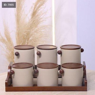 طقم بهارات /6 بورسلان بيج ماط مع قاعده ويدين خشب بني YM257119++ع1