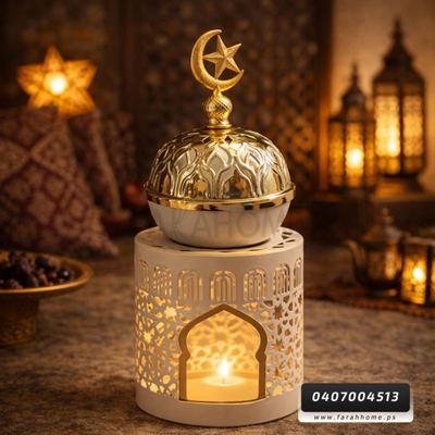 زينة رمضان/ مجسم منارة رمضانية معدن حديد مع مبخرة في القبة مقاس 25 × 10 سم