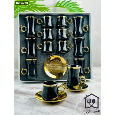 طقم 6 فناجين مع 6 استكانات اسود حز ذهبي