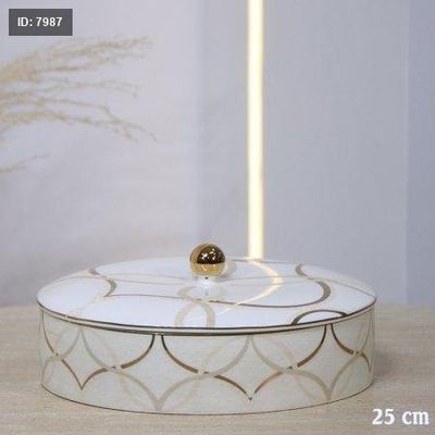 مضيفه مدوره 25 سم بورسلان بيج مخطط بني بغطا 1G-1954-L-4503++ع.ج