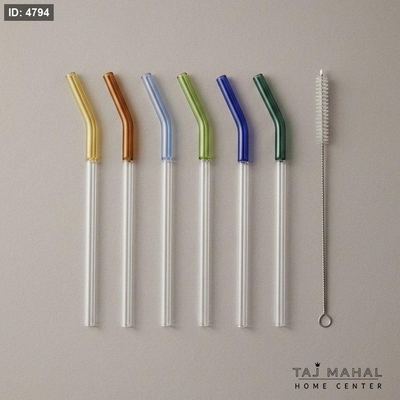 طقم مصاصات زجاج ملون 6 قطع مع فرشاة تنظيف