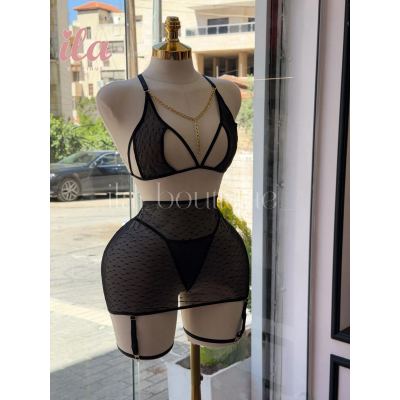 لانجري اسود 3 قطع برا + اندر + تنورة