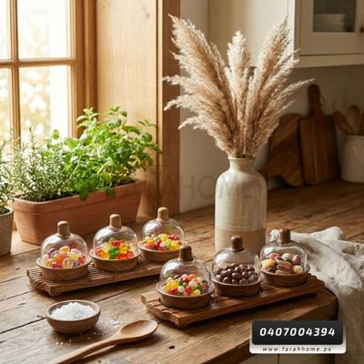 مضيفة حلاي - طقم علب تفضيل - تقديم 3 عيون مع غطا زجاج وقاعدة خشب برجل طابة