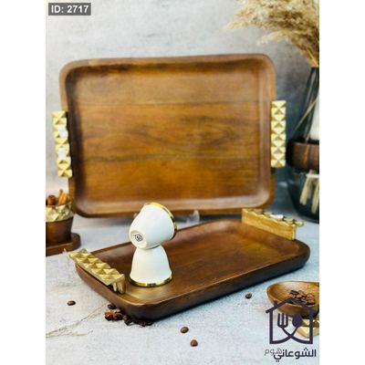 طقم صواني خشب طبيعي قطعتين يد نحاس هندي