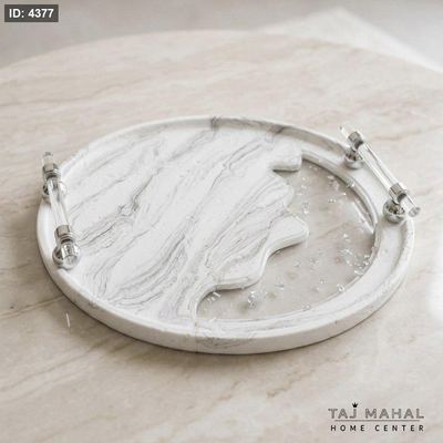 صينية تقديم دائرية بتصميم رخامي بلون أبيض ورمادي بيد جانبية اكريليك