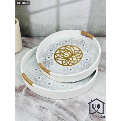 طقم صواني خشب دائري قاعدة زجاج مزغرفة ابيض