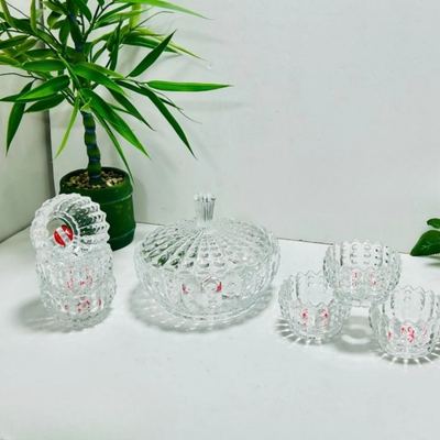 طقم صحون مكسرات / لبن / سلطية 7 قطع زجاج شفاف مجور منقط 1 كبير مع غطا + 6 صغير