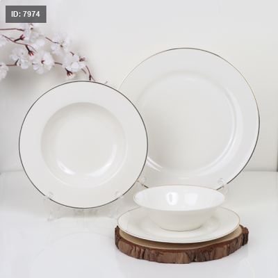 طقم صحون سفره مدور 24 قطعه بورسلان ابيض QED23481-1اطار بلاتين ذهبي ++T