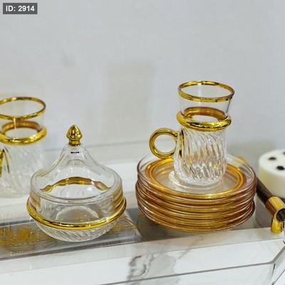 طقم 6 كاسات شاي مع متكاتهم+سكرية حز ذهبي