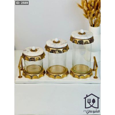 طقم سكريات / كاندي / بهار زجاج اطار معدن غطاء رخام مع قاعدة رخام هندي