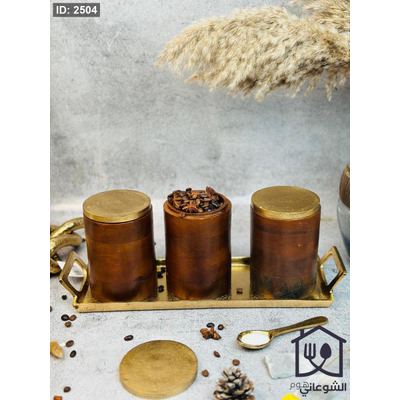 طقم سكريات خشب طبيعي هندي غطاء معدن موديل نحاس