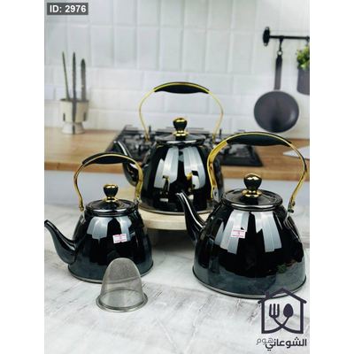 بريق شاي ستانلس اسود محزز ايد ذهبي مع عظم ومصفاة
