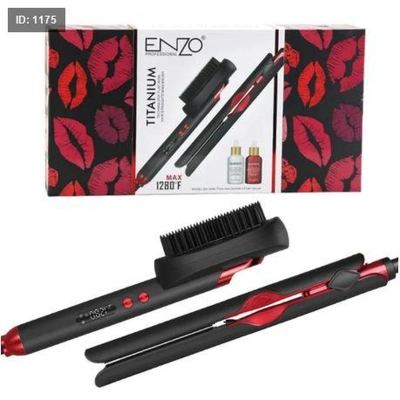 Enzo Comb 2 In 1 Salon Perm Hair Straightener & Brush Set-مجموعة مكواة فرد الشعر وفرشاة تصفيف الشعر من إنزو كومب 2 في 1