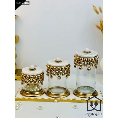 طقم سكريات / كاندي / بهار زجاج اطار ببلز غطاء رخام مع قاعدة رخام هندي